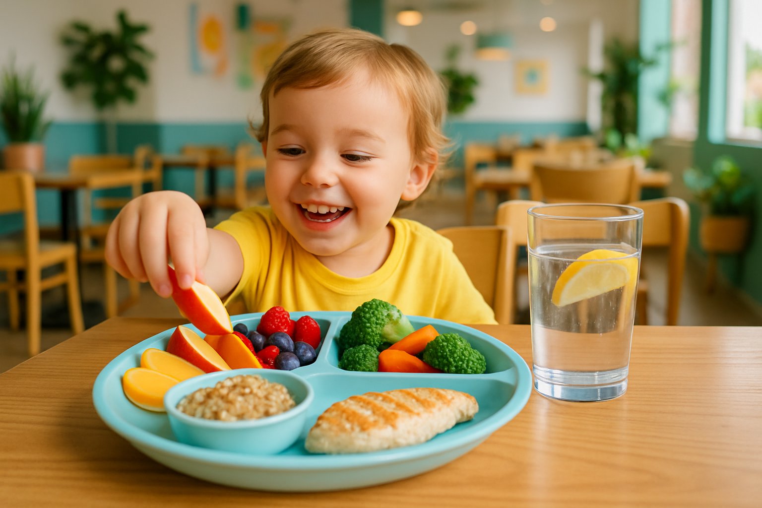 A child smiling at a colorful healthy meal with fruits, vegetables, lean protein, and water on a wooden table in a bright restaurant.