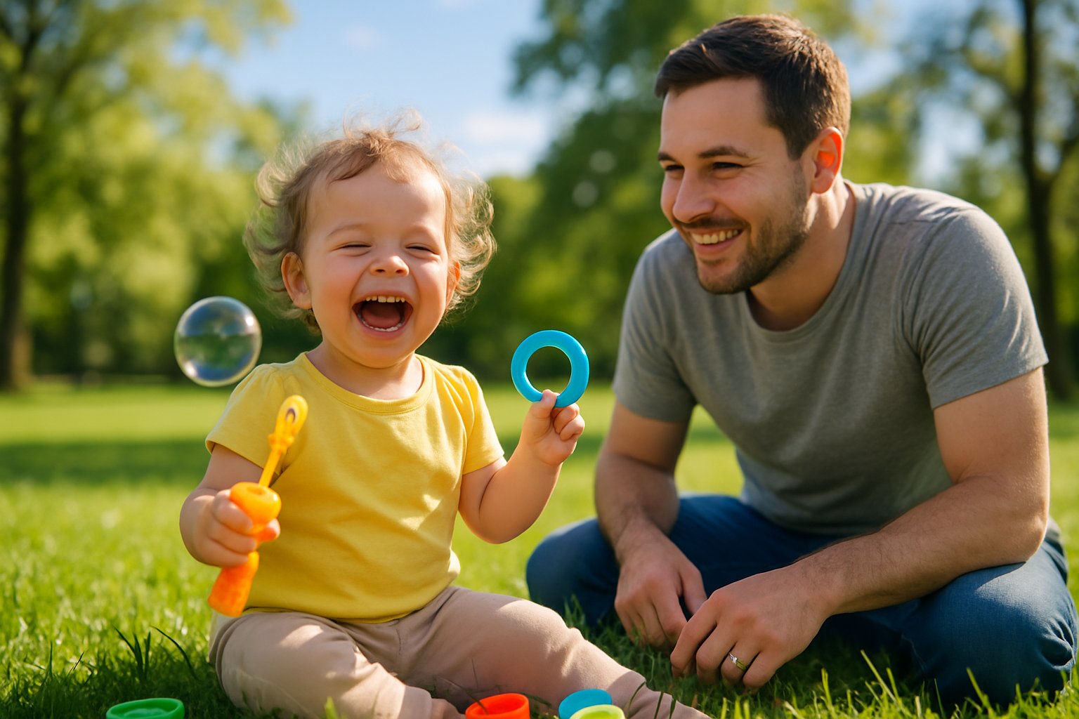 A toddler playing happily outdoors with a smiling parent in a sunny park surrounded by green grass and trees.