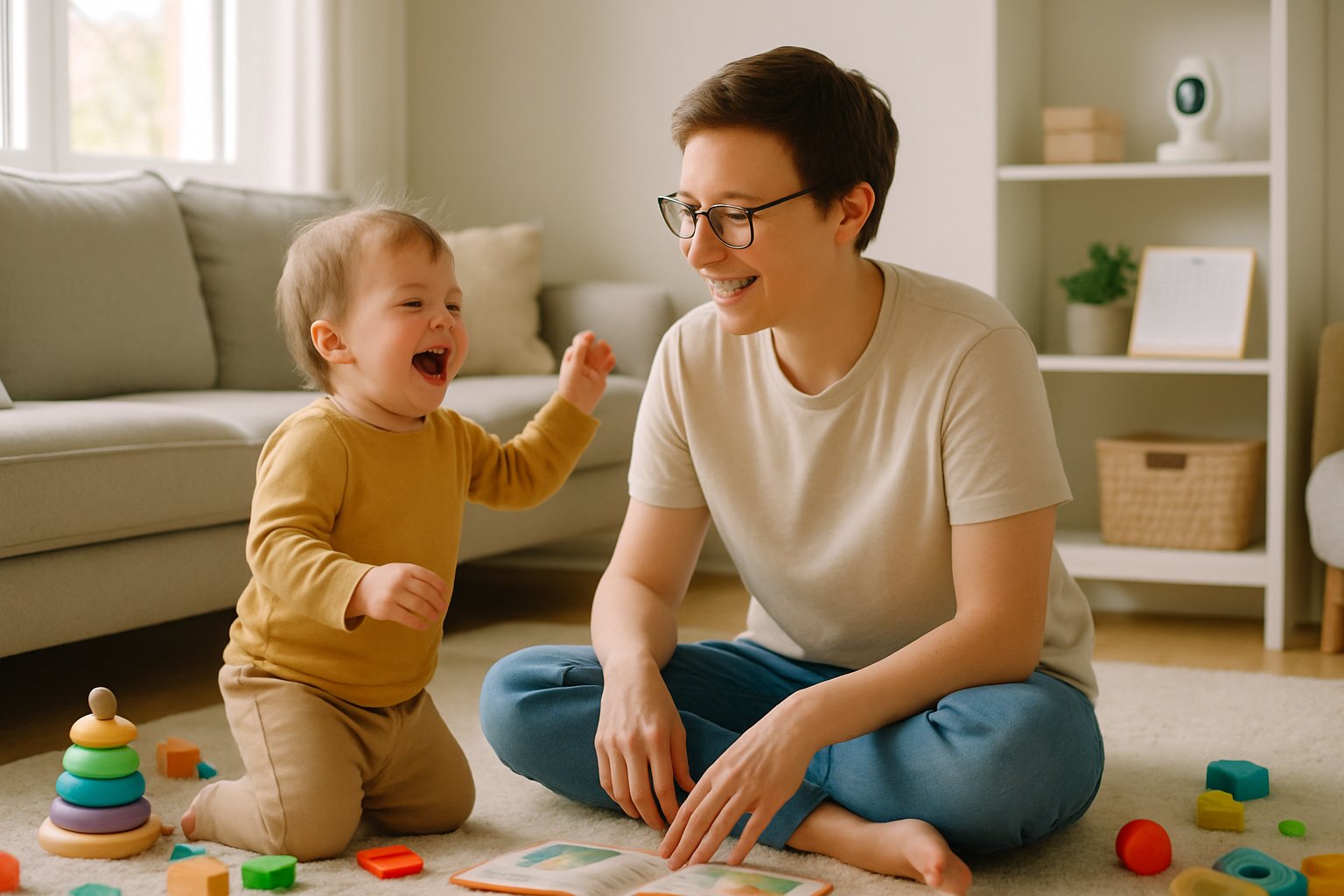 A young parent sitting on the floor playing with their toddler in a bright living room filled with toys and books.