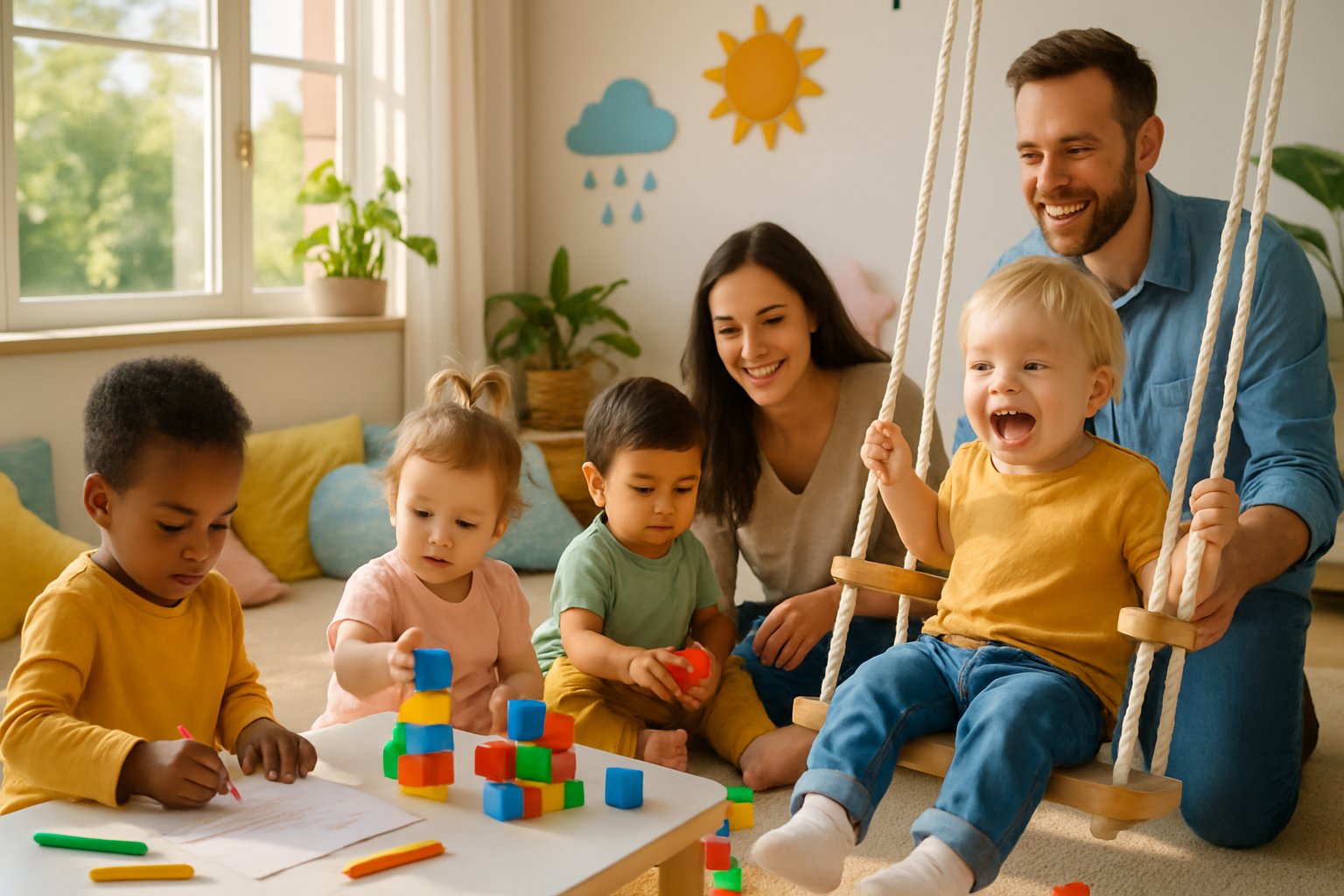 Toddlers happily playing with toys and drawing indoors while parents watch and interact with them.