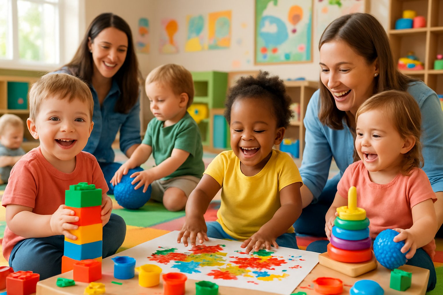 Toddlers happily playing with toys and painting in a bright, colorful indoor playroom with attentive caregivers nearby.
