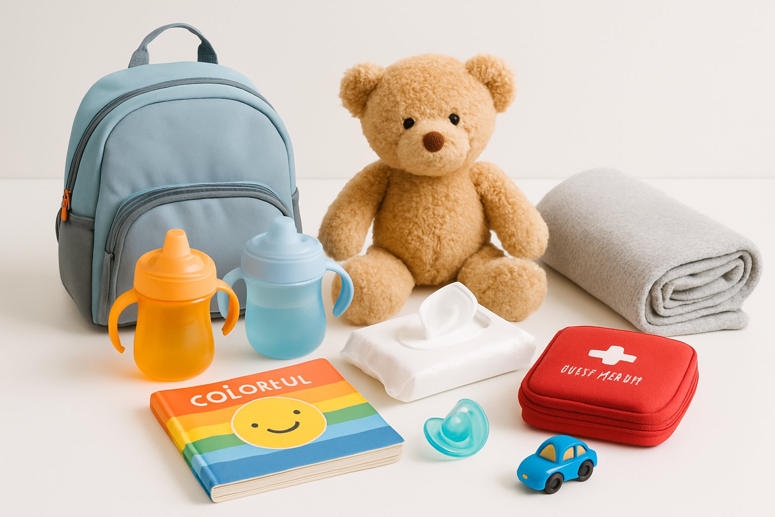 A neatly arranged collection of toddler travel essentials including a small backpack, sippy cups, stuffed animal, board book, baby wipes, pacifier, first aid kit, travel blanket, and toy car on a white surface.