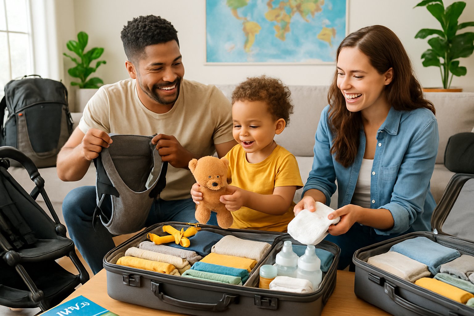 A family packing suitcases with clothes and toddler travel essentials in a bright living room.
