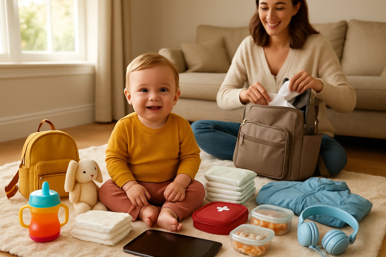A toddler sitting on a blanket surrounded by packed travel items with a parent placing items into a diaper bag nearby.