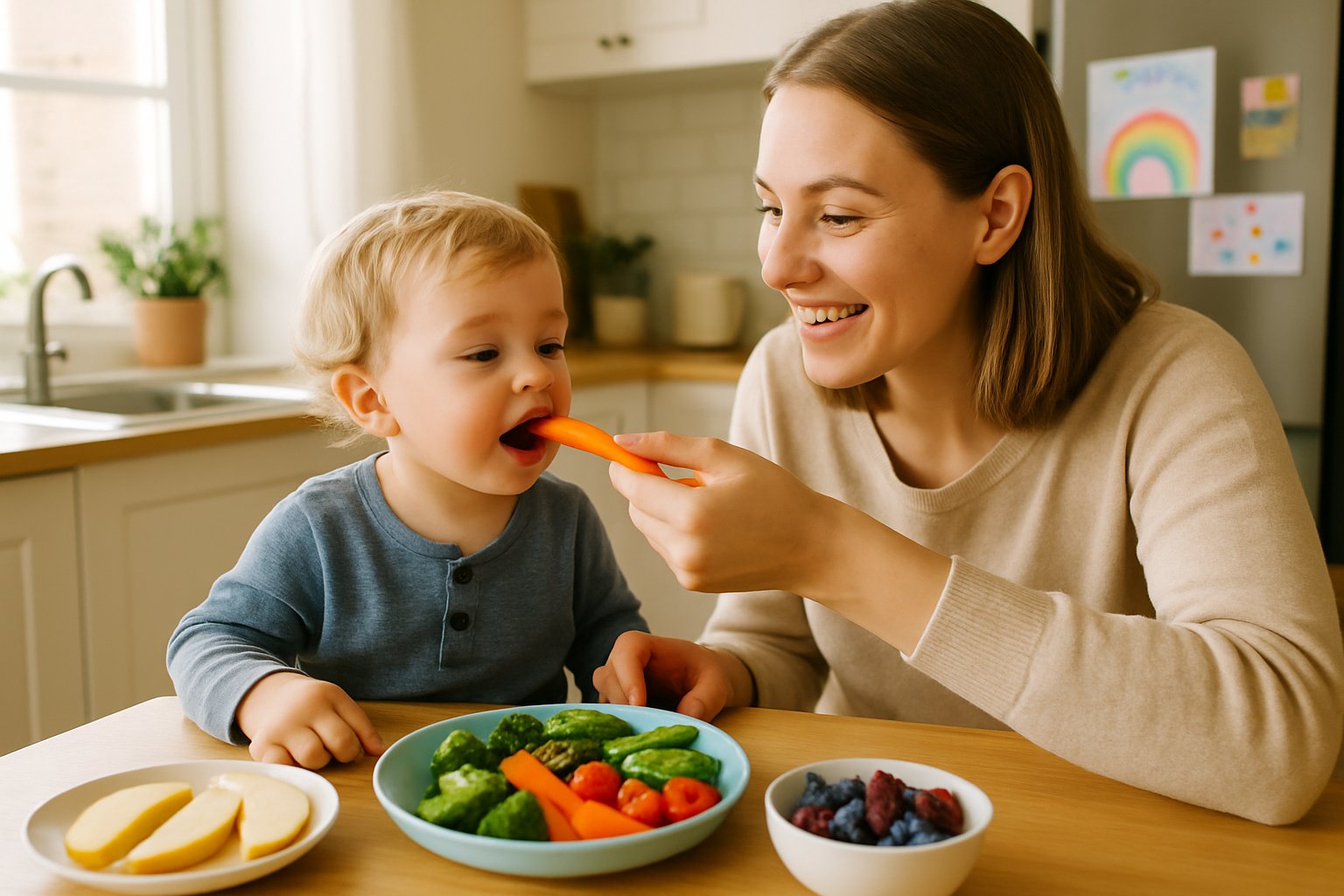 A parent encourages a toddler to eat fresh fruits and vegetables at a kitchen table filled with healthy food.