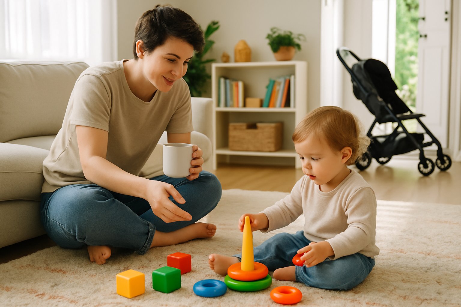 A parent interacting with a toddler who is playing with toys on the floor in a bright living room.