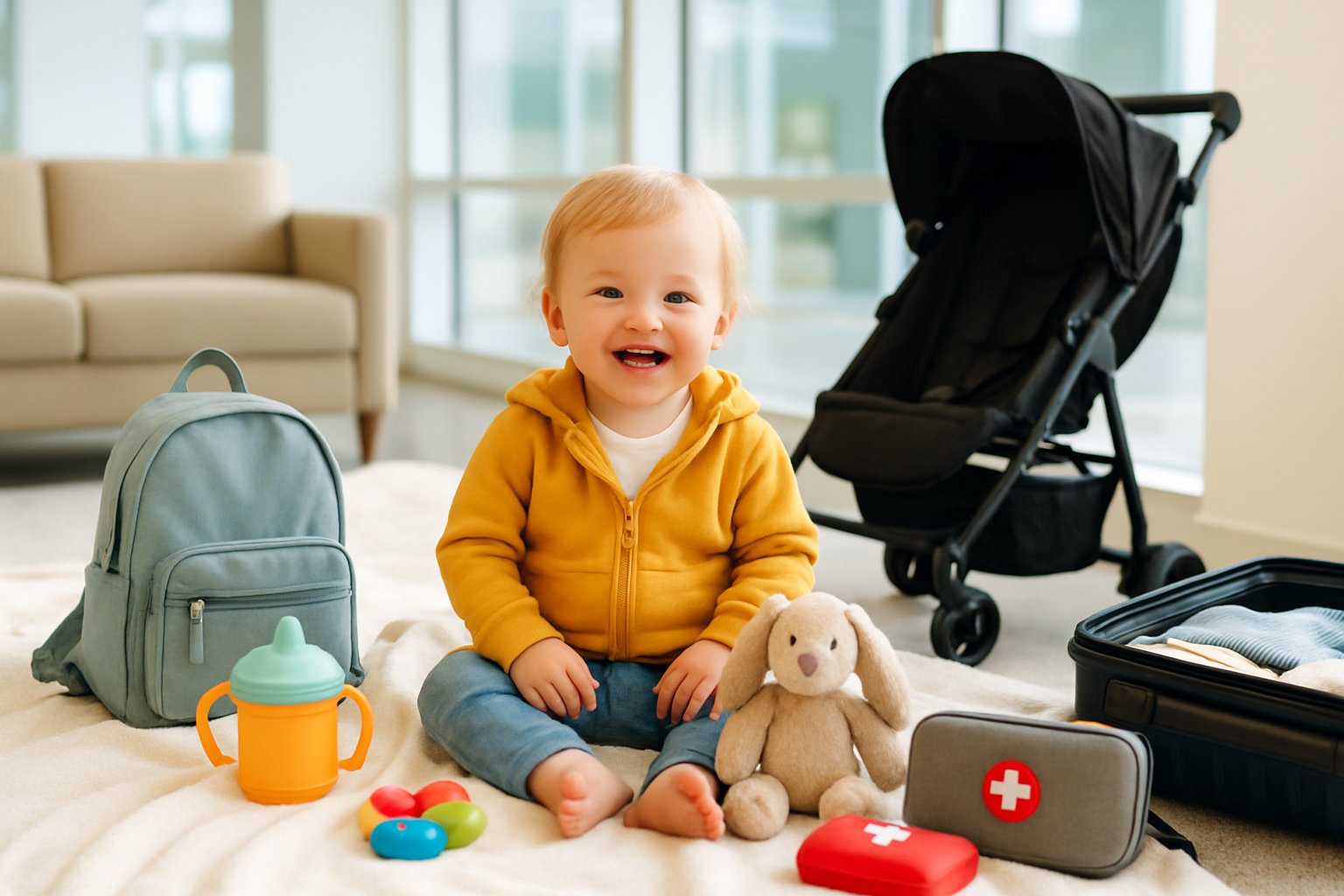 A smiling toddler sitting surrounded by travel essentials like toys, a backpack, and a diaper bag in a bright, organized travel setting.