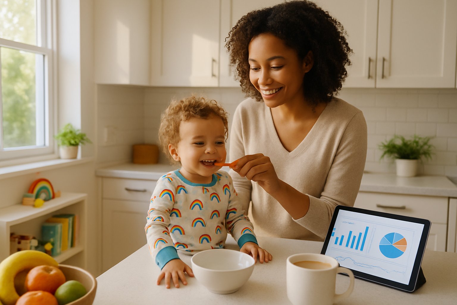 A parent helping a toddler with their morning routine in a bright kitchen filled with natural light.