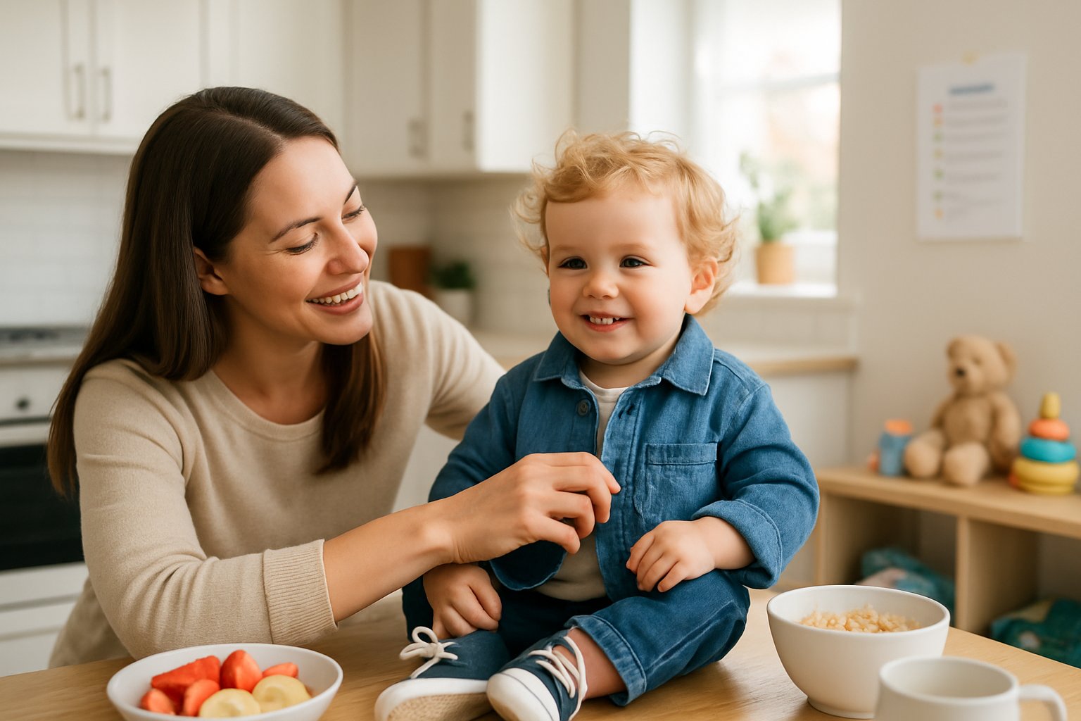 A toddler sitting at a kitchen table having breakfast while a parent helps them get ready in a bright and tidy kitchen.