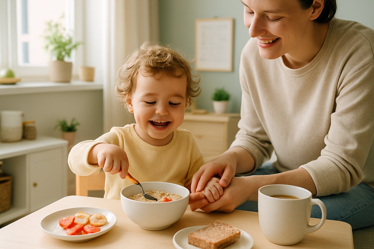 A parent calmly helping a toddler eat breakfast at a small table in a bright, tidy kitchen.