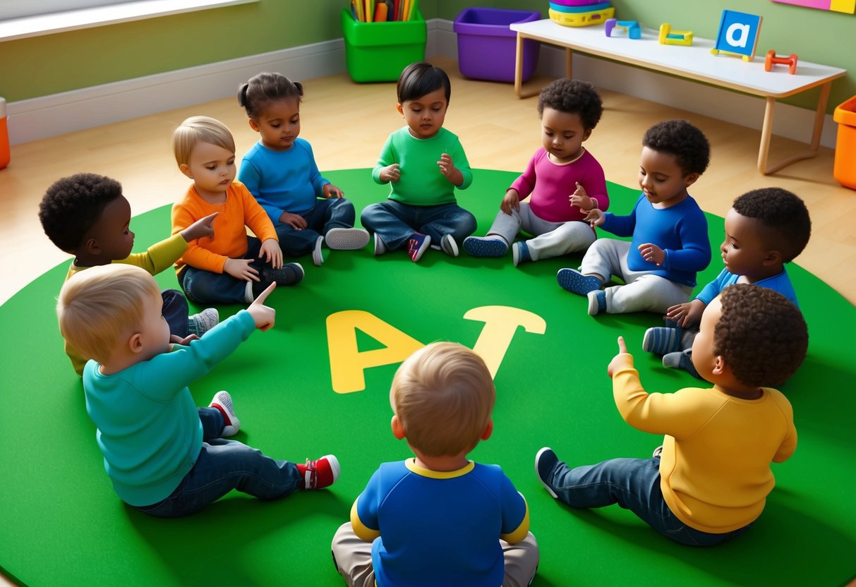 A group of toddlers sit in a circle, pointing to and identifying objects that start with the letter "a" in a colorful and engaging environment