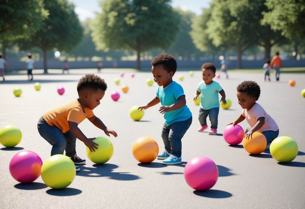 A group of toddlers playing with brightly colored balls in a spacious, sunny park