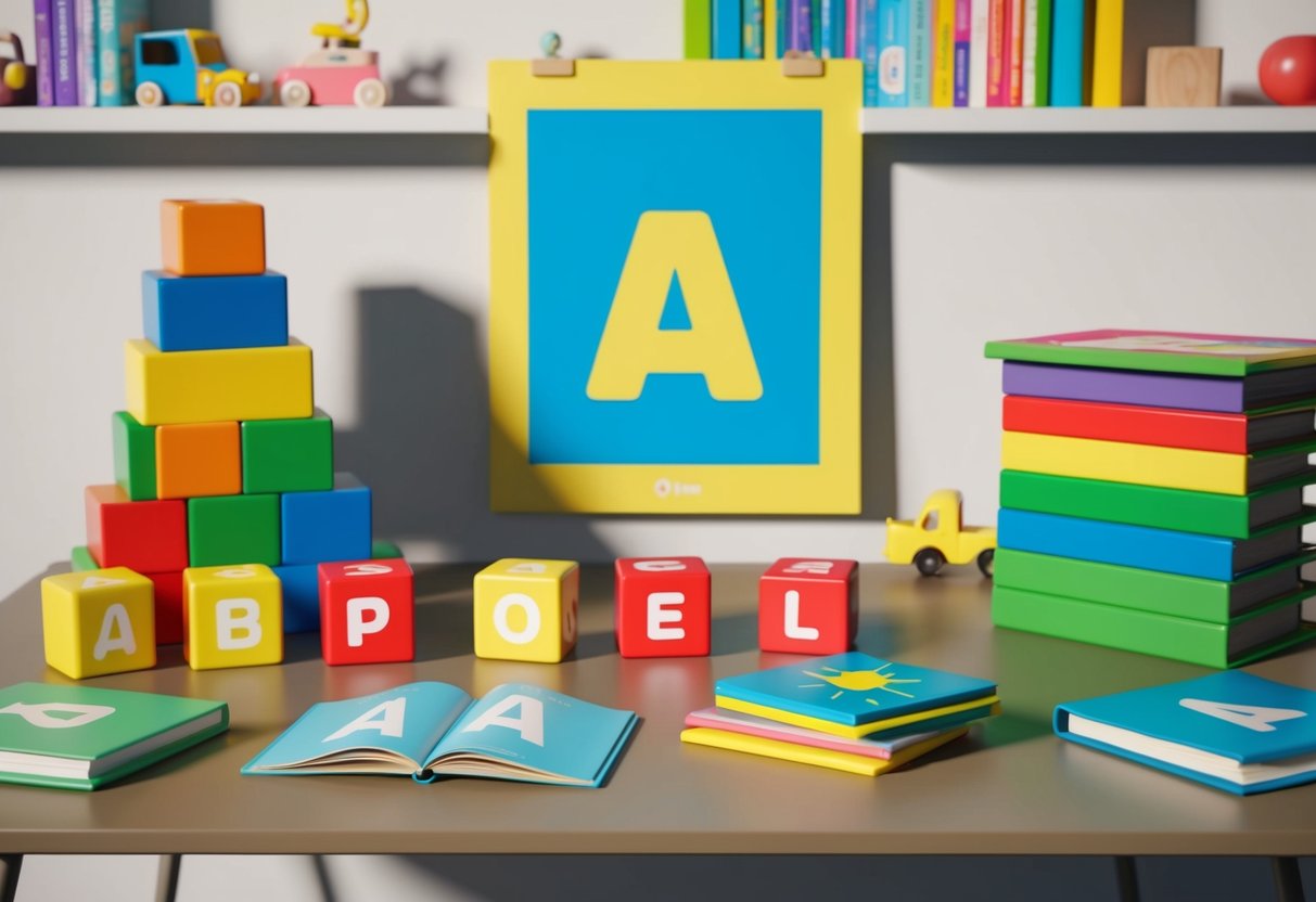 A colorful display of alphabet blocks, books, and toys arranged on a table, with a cheerful poster featuring the letter "A" as the focal point