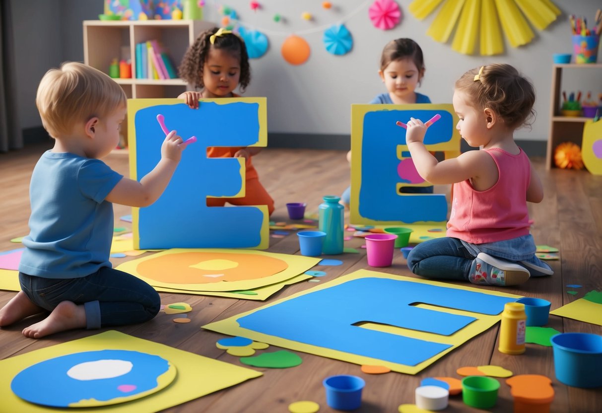 Toddlers painting with their fingers on large letter "E" cutouts surrounded by colorful craft supplies and playful decorations