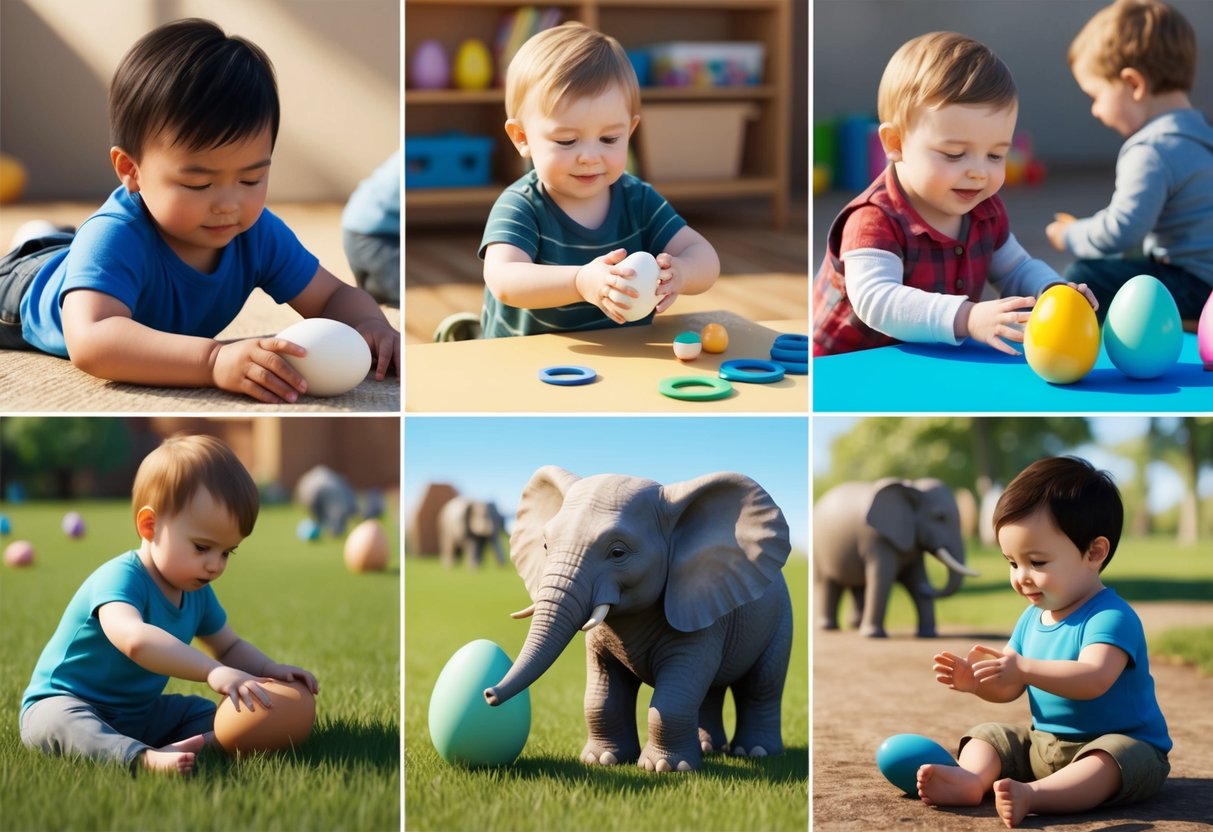 A group of toddlers engaged in various letter "e" activities, such as exploring eggs, examining elephants, and enjoying an outdoor environment