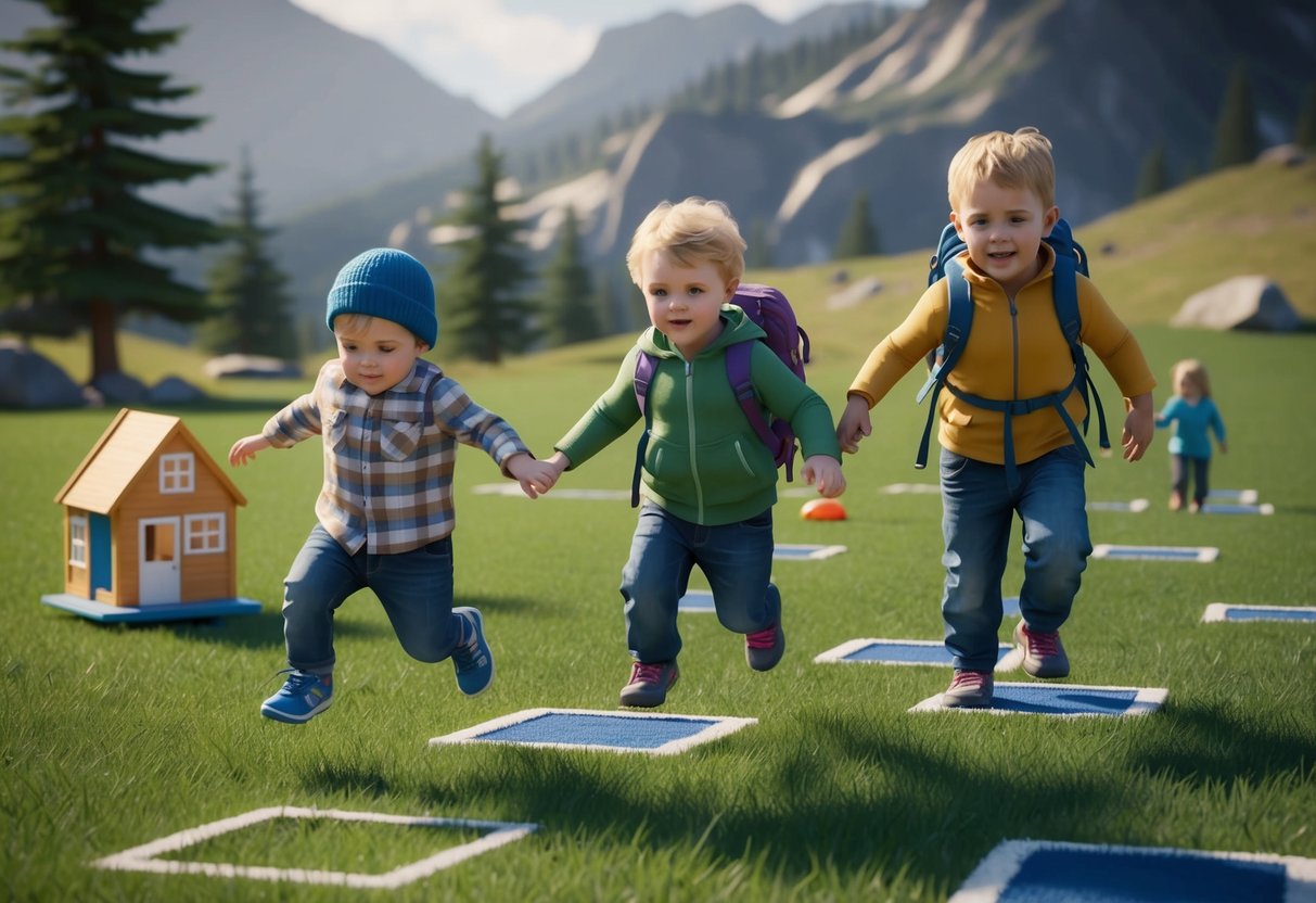 Toddlers playing with toy houses, hopping on hopscotch, and holding hands while hiking