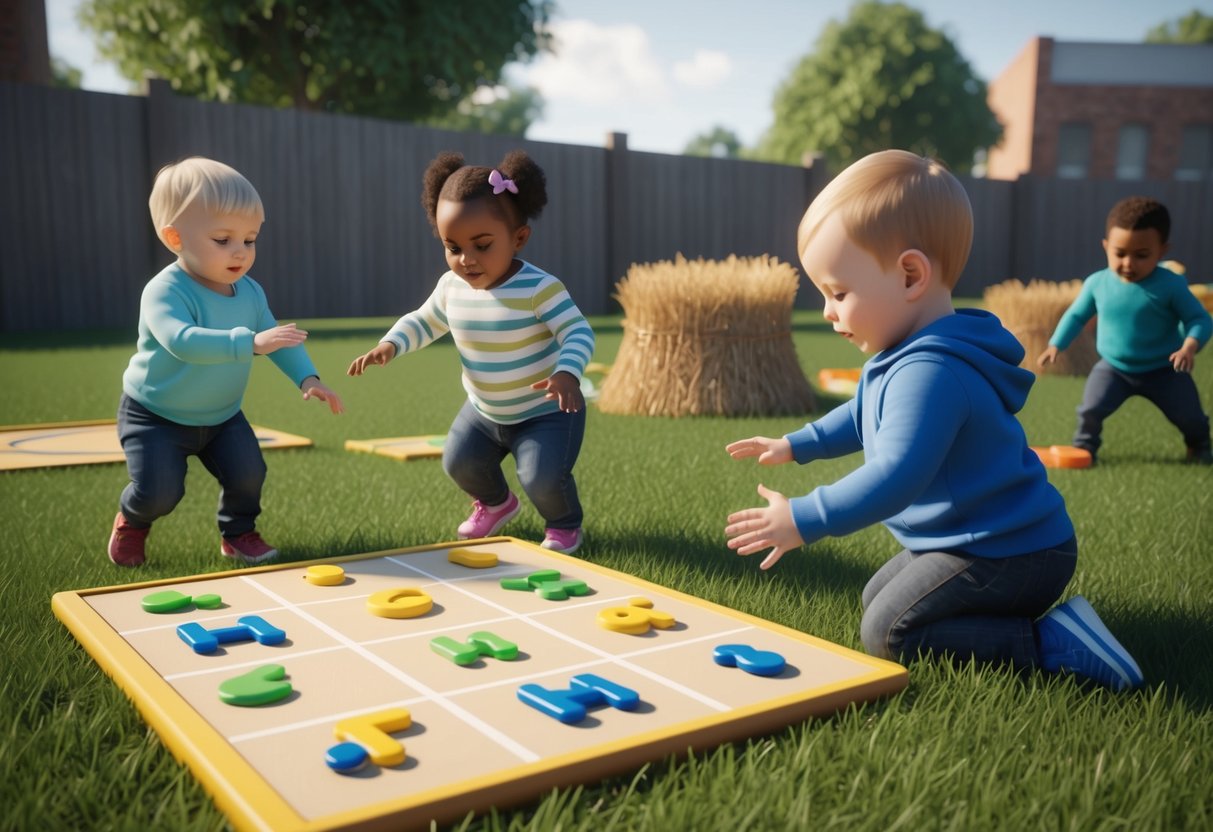 A group of toddlers engaged in sensory and exploration activities with items starting with the letter "h," such as hopping on a hopscotch board and hunting for hidden objects in a haystack